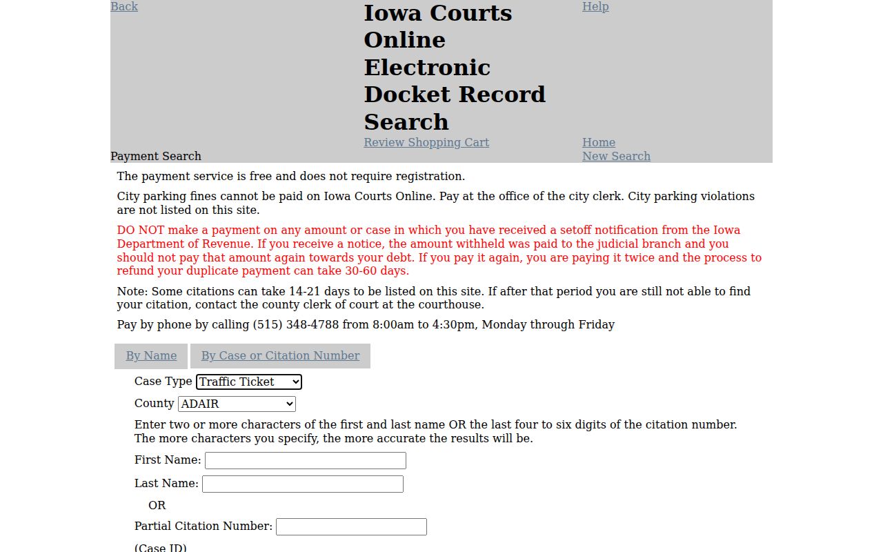 Iowa Courts Online fields for a Mahaska County traffic warrant search